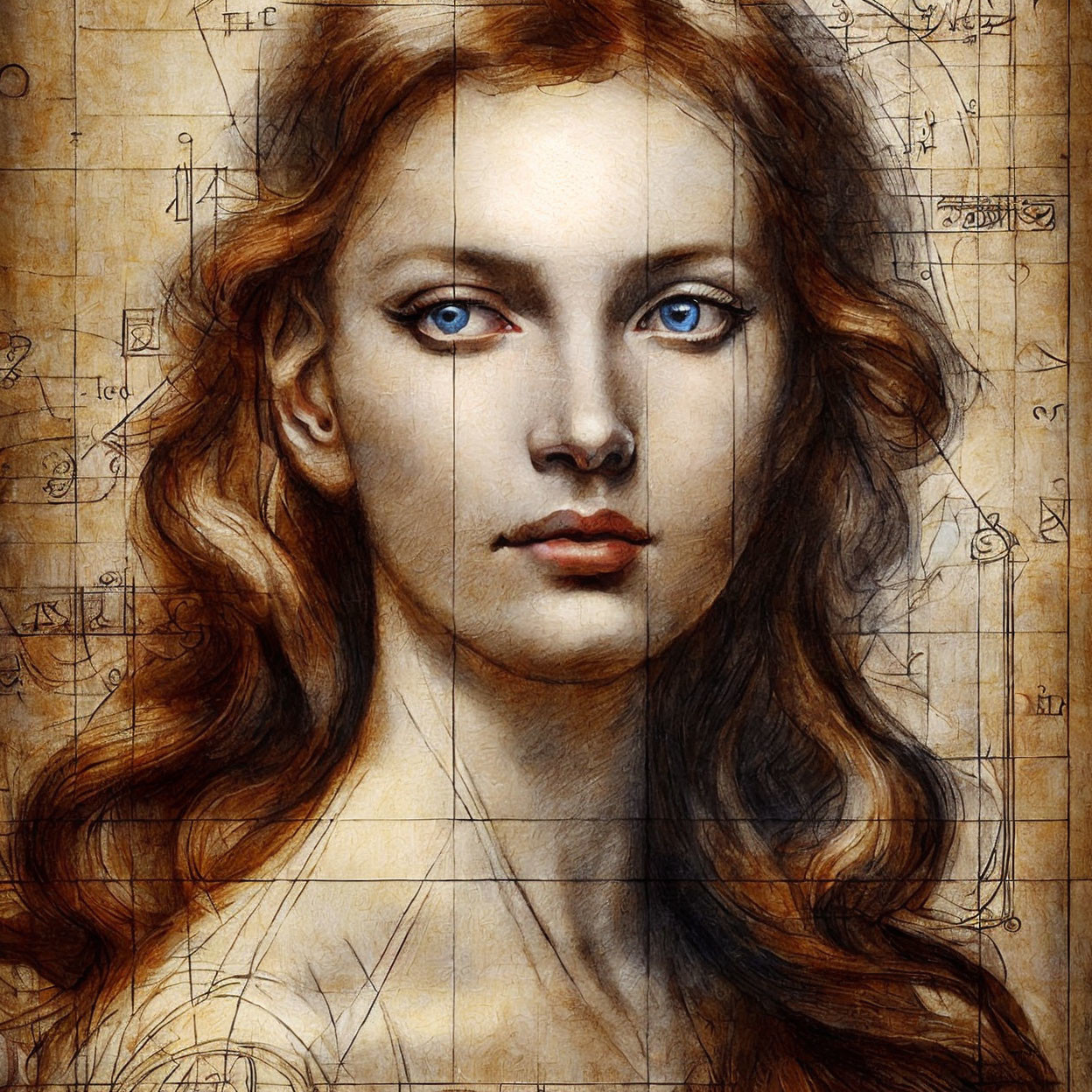 Ethereal woman with blue eyes and red hair in Da Vinci-style background