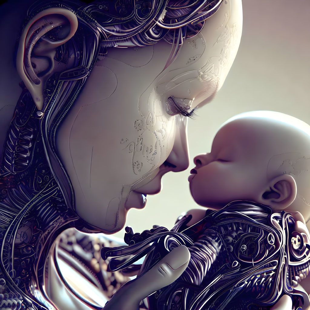 Detailed robotic adult and infant figures touching foreheads