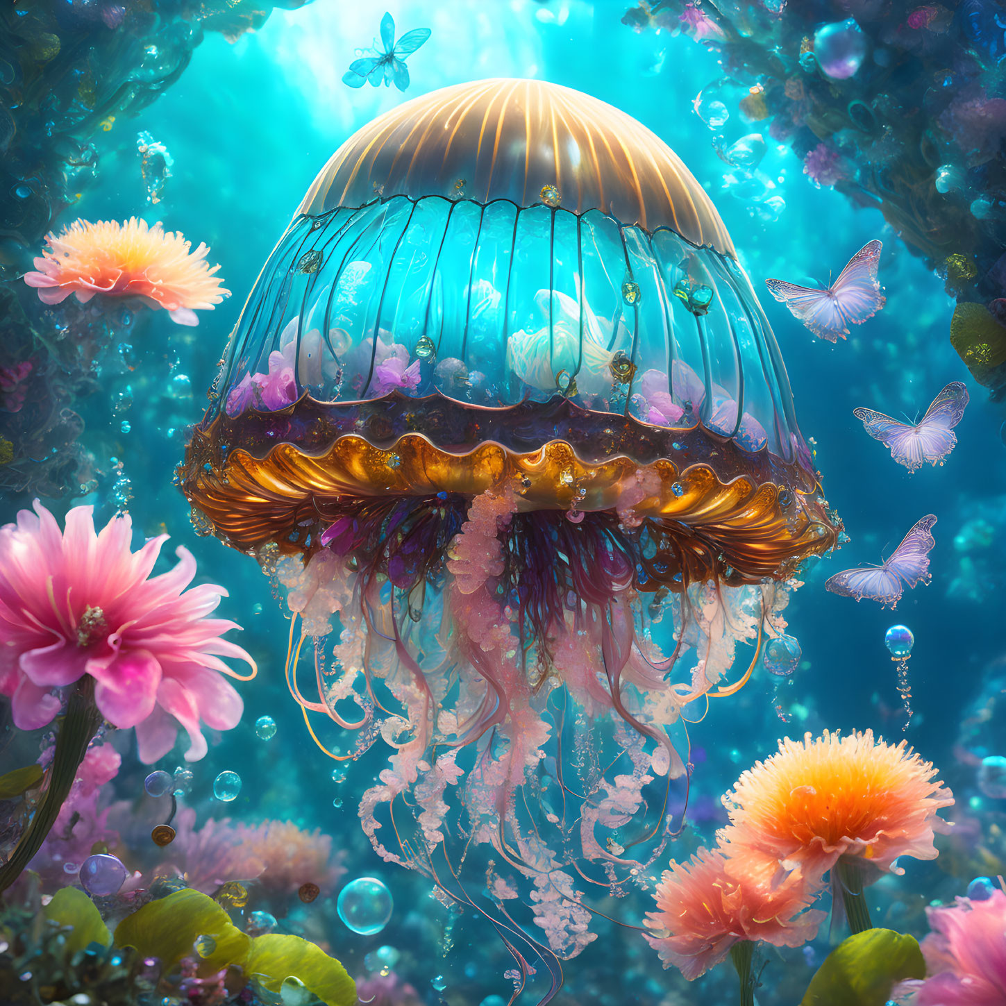 Luminous jellyfish with butterflies and coral in underwater scene