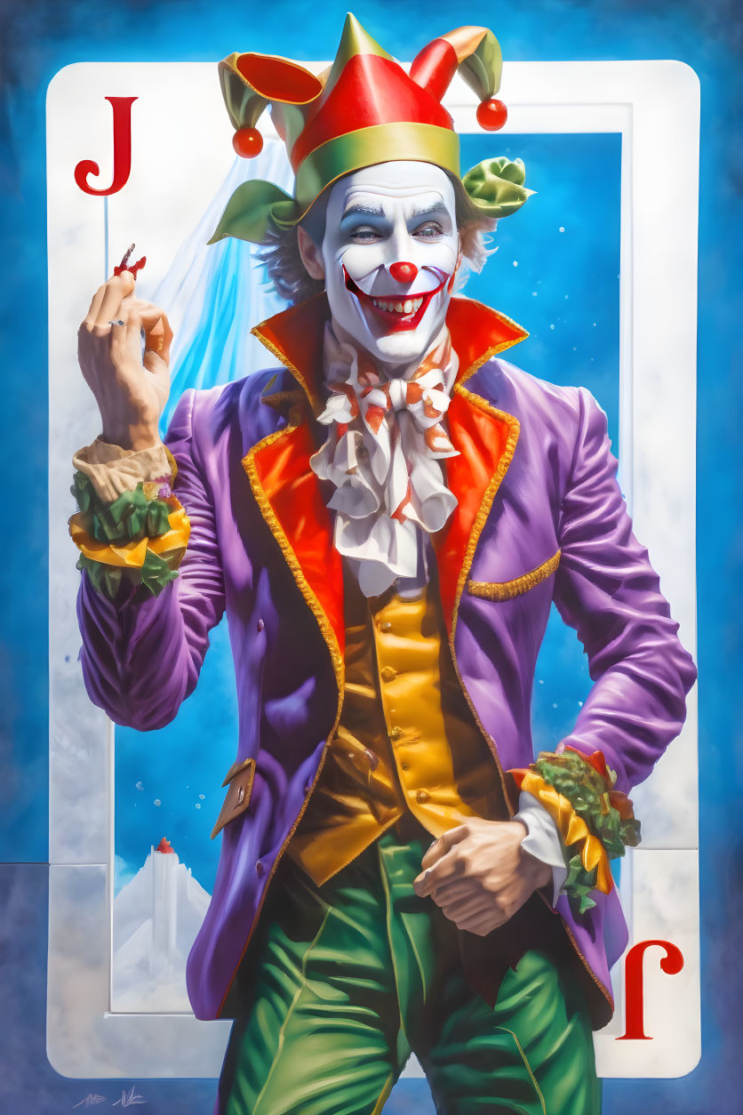 Vibrant Joker jester on Jack of Hearts card, smiling and gesturing