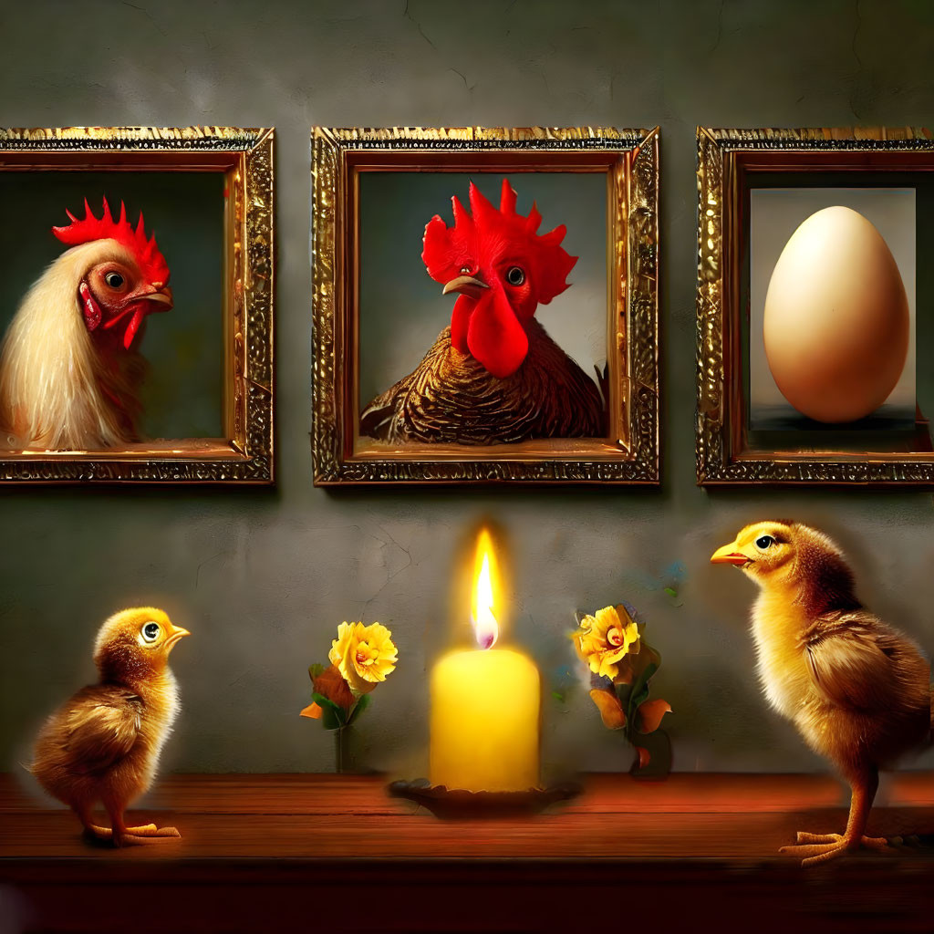 Chicks with candle, sunflowers, rooster, hen, and egg portraits.