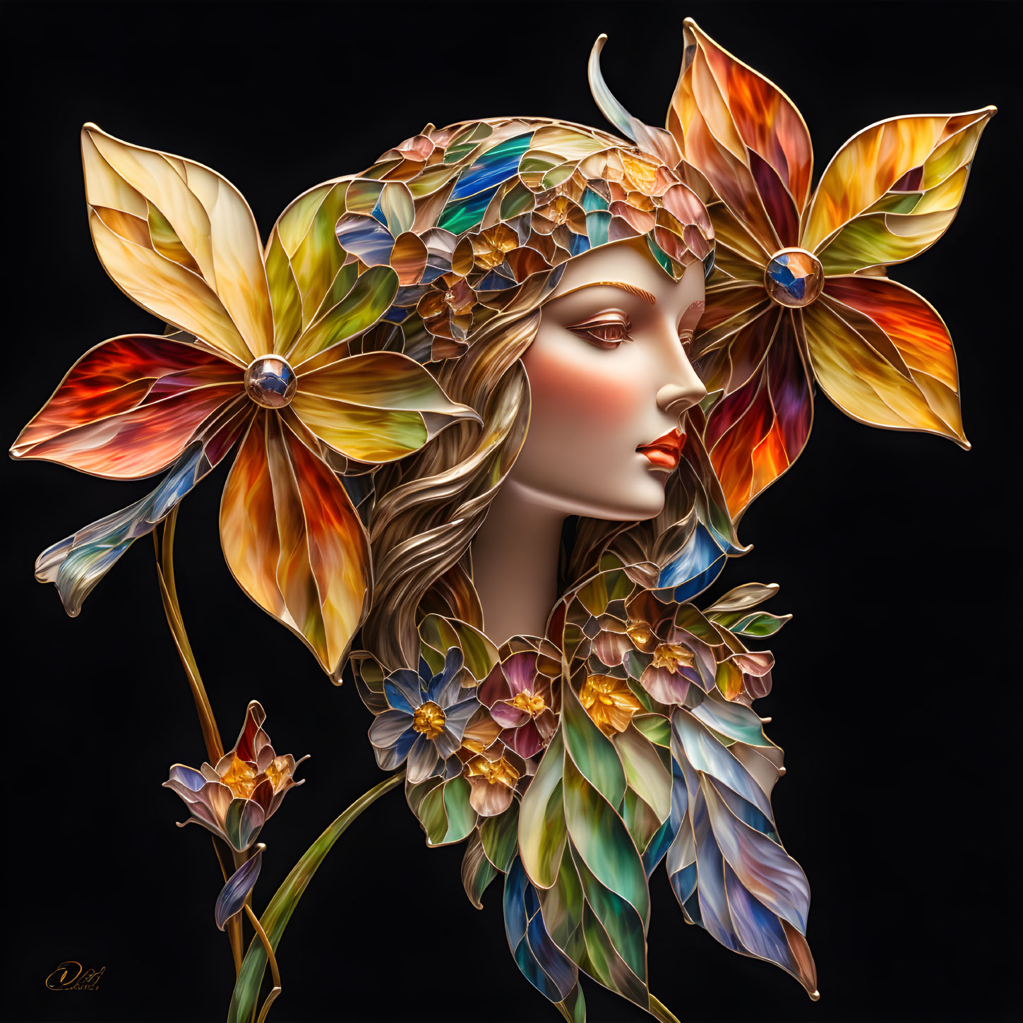 Colorful Floral Woman Profile Artwork with Integrated Leaves