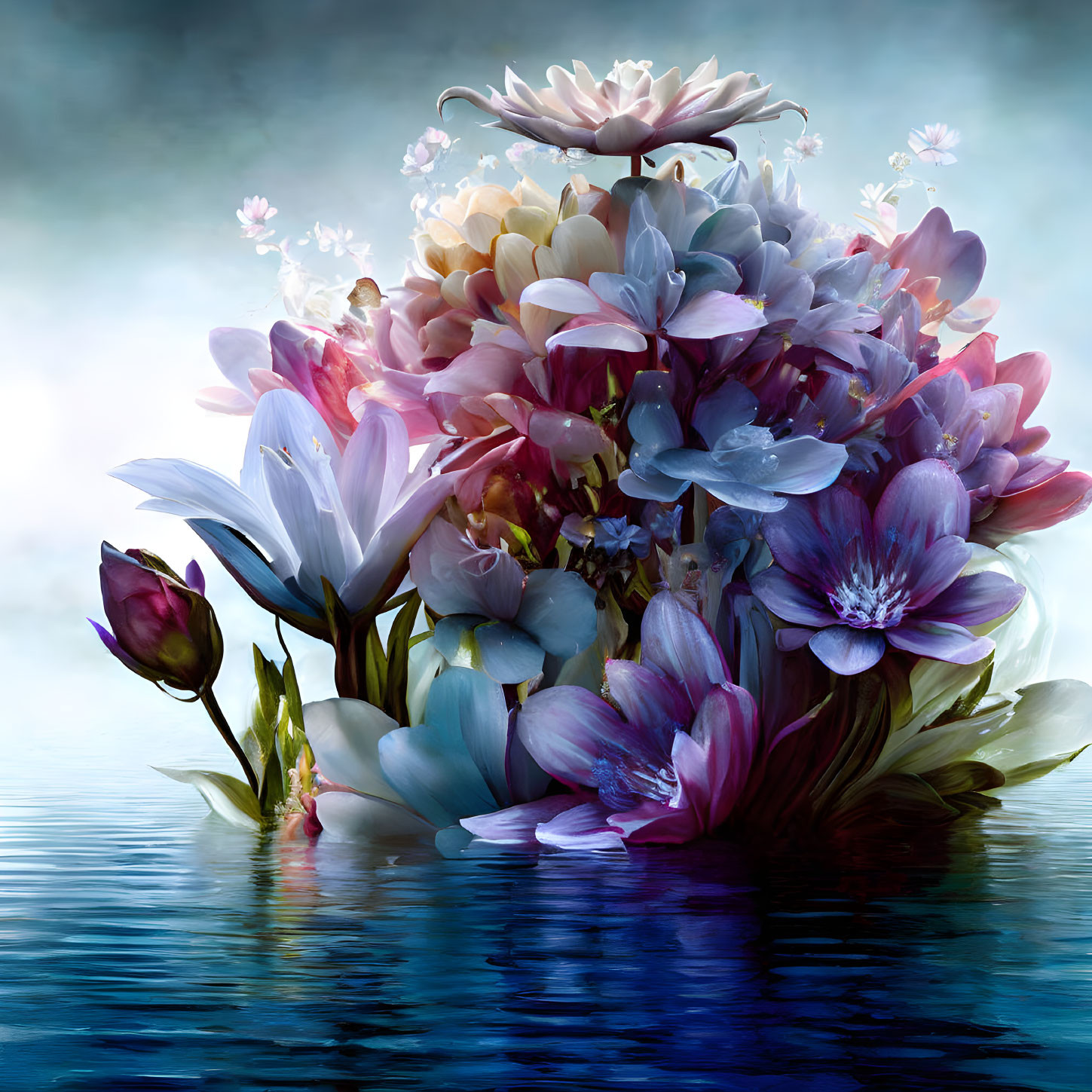 Colorful Blue and Pink Flower Bouquet in Calm Waters on Misty Blue Background