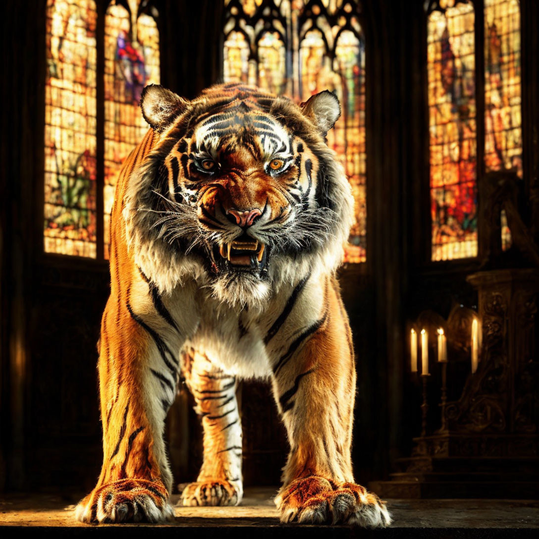 Aggressive tiger in church with stained glass windows