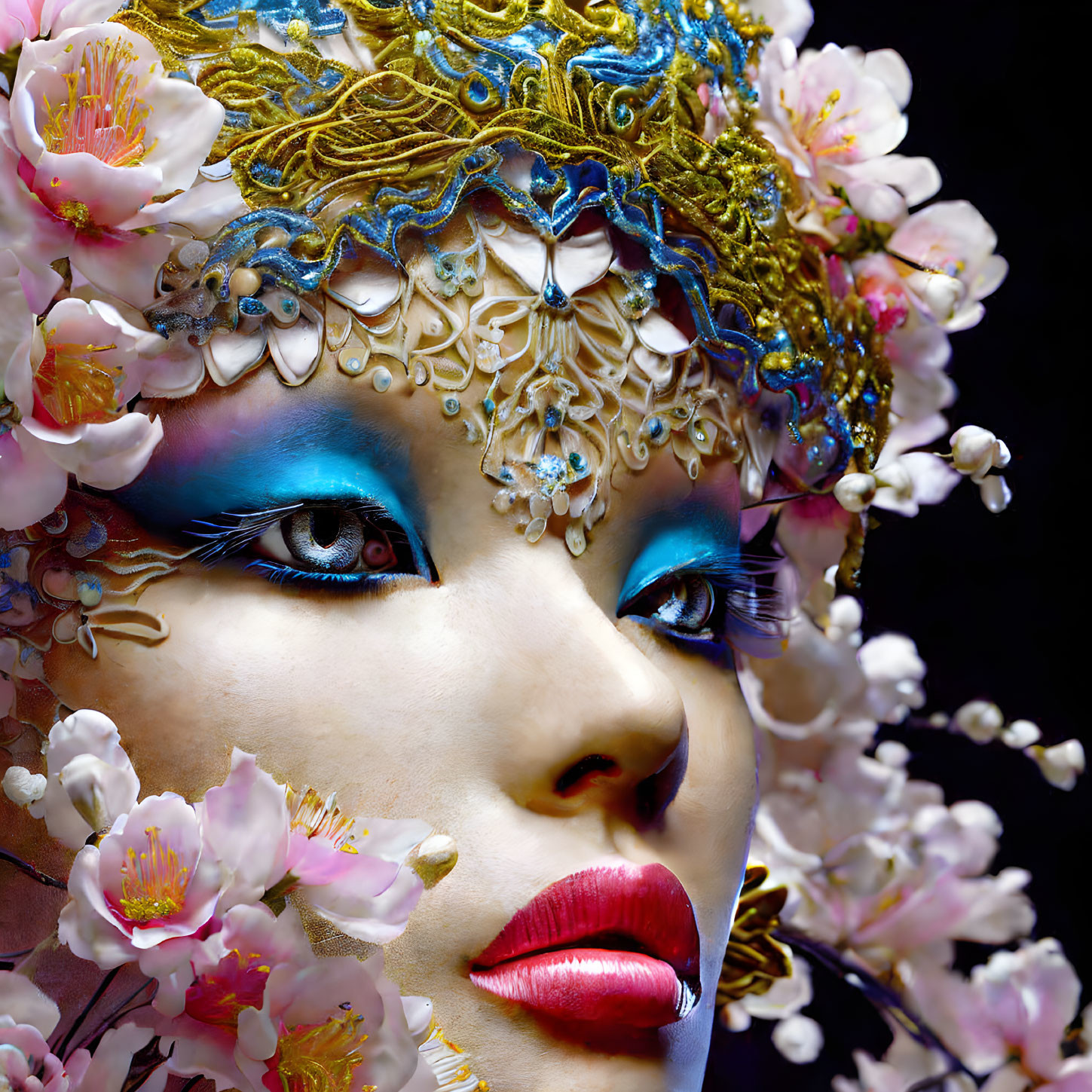 Ornate mask with gold trim, blue eyeshadow, red lips, surrounded by flowers on