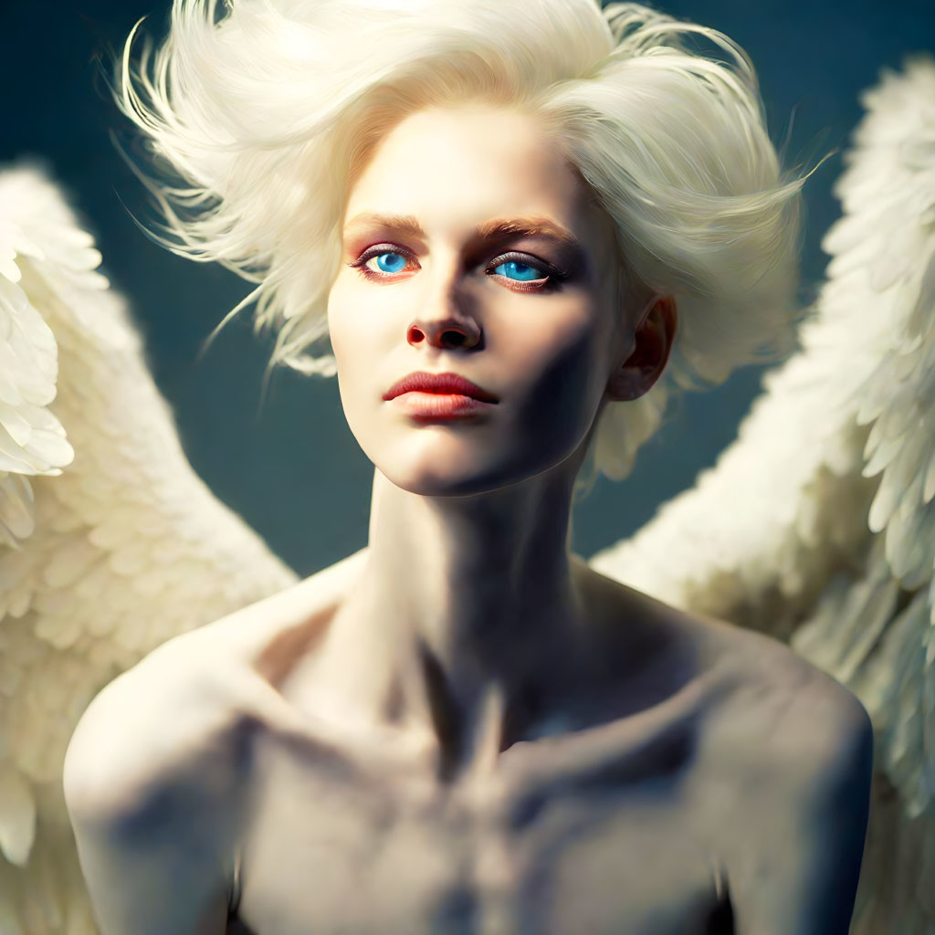 Portrait of individual with white wings, pale skin, and blue eyes on dark background