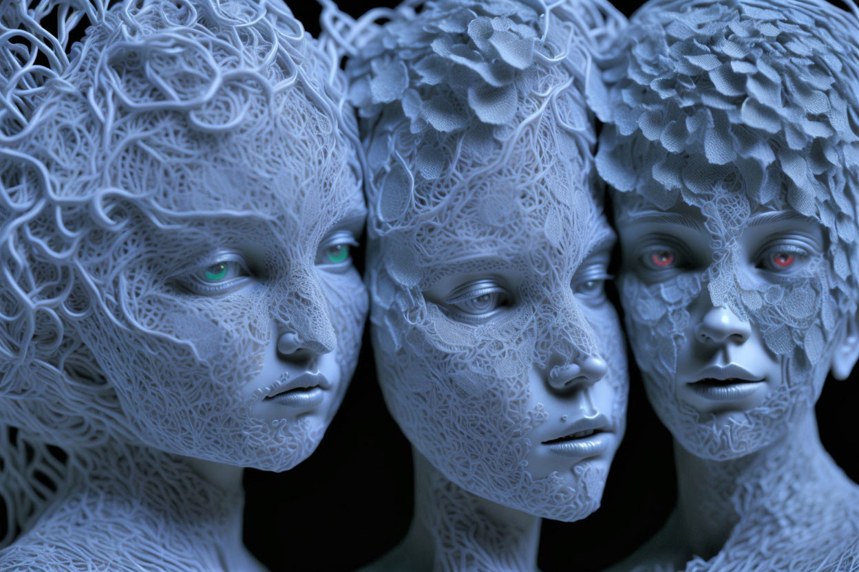 Blue-toned statues with lacy textures: Three human-like faces with green eyes.