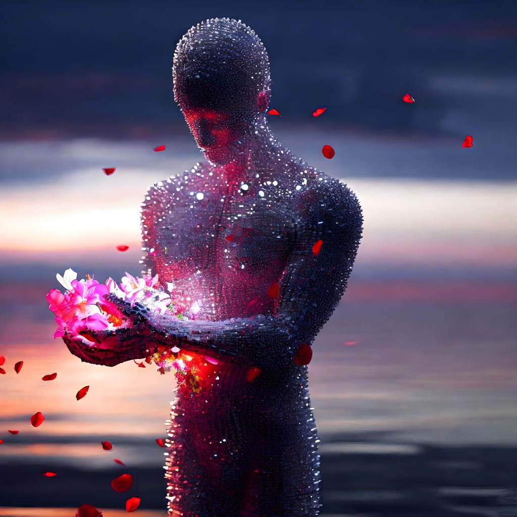 Digital figure with flower in twilight backdrop.