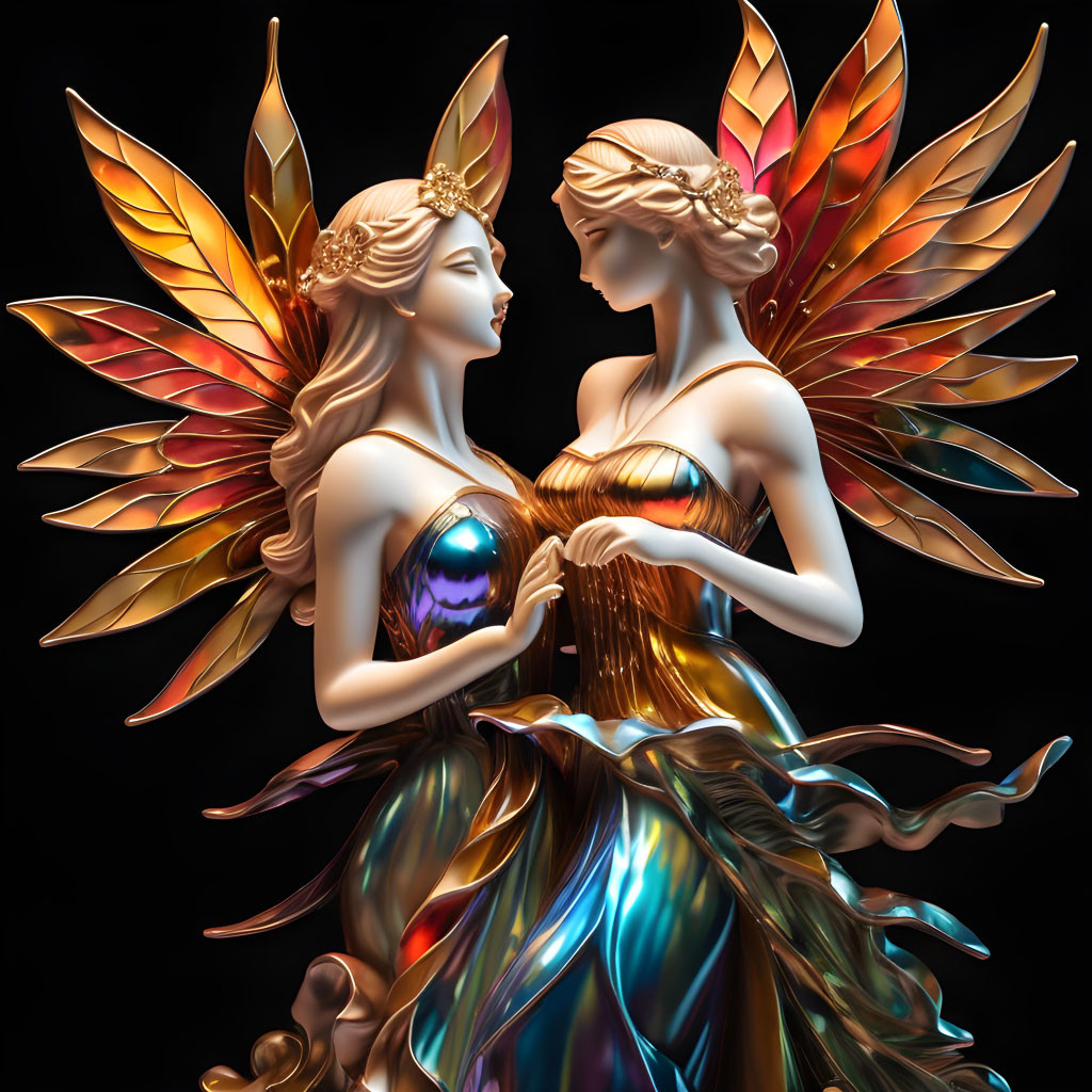 Fantastical female figures with iridescent wings and golden dresses on dark background