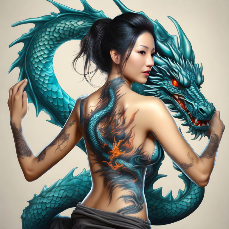 Tattooed woman holds dragon sculpture blending with skin tattoo