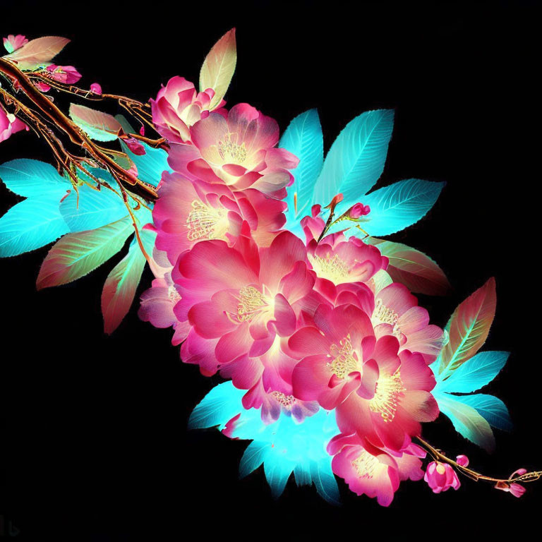 Neon pink cherry blossoms digital artwork on dark background