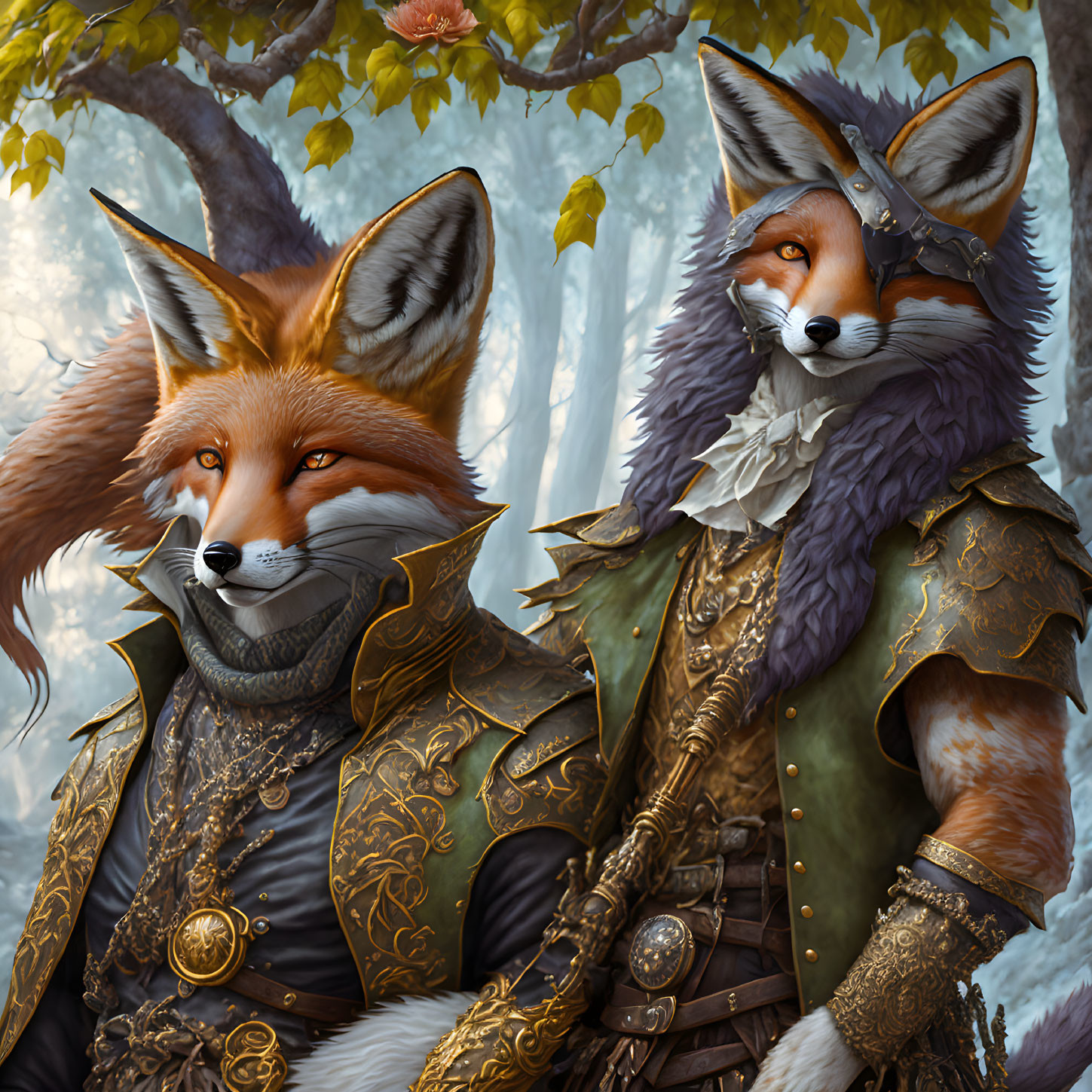 Anthropomorphic foxes in medieval armor in a fantasy forest