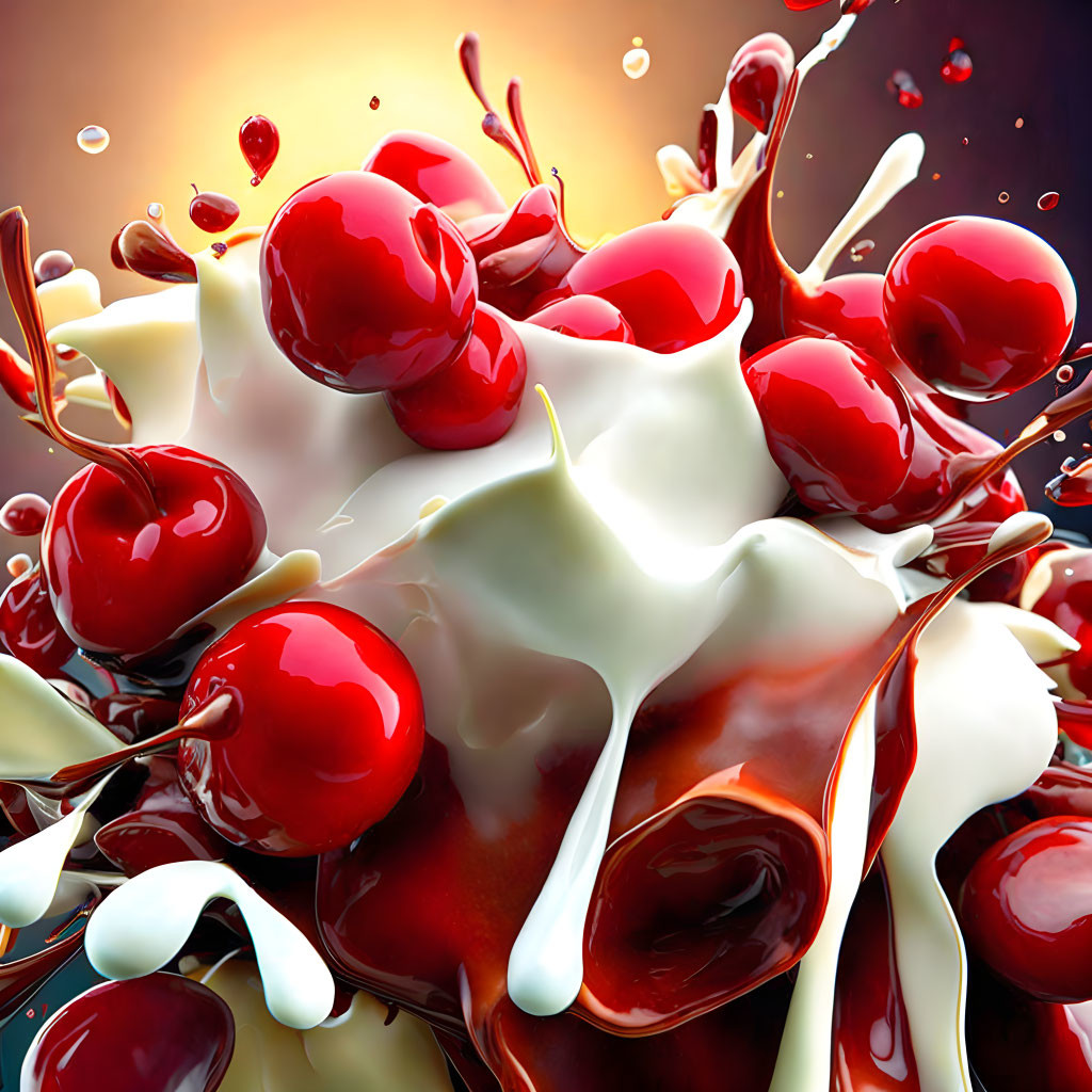 Vibrant close-up of cherries with milk and juice splashes