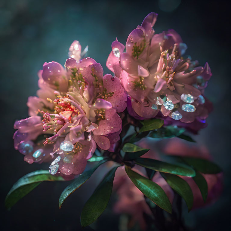 Detailed Close-Up of Dew-Kissed Pink Flowers on Dark Background