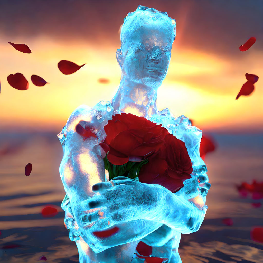 Translucent ice sculpture of human figure with red roses and sunset background