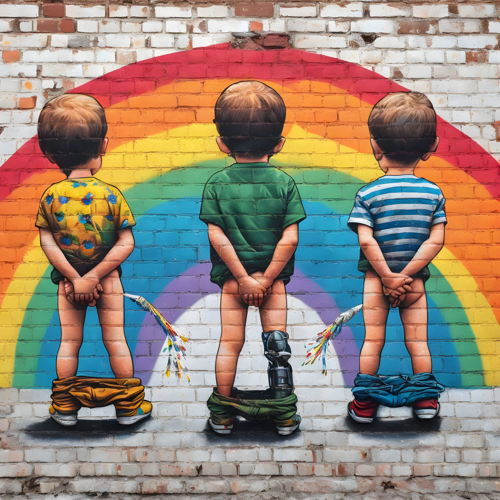 Children creating colorful mural on brick wall.