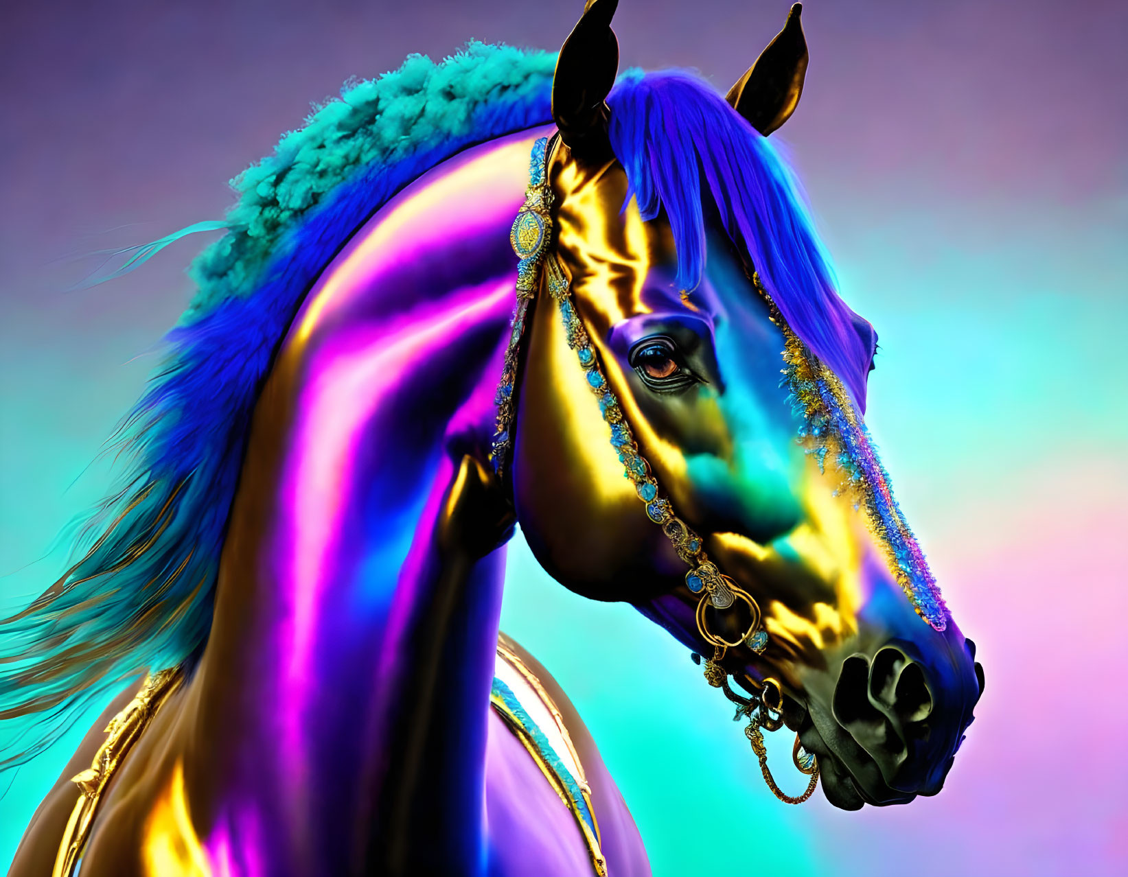 Colorful Digital Artwork: Horse with Blue and Purple Iridescent Coat