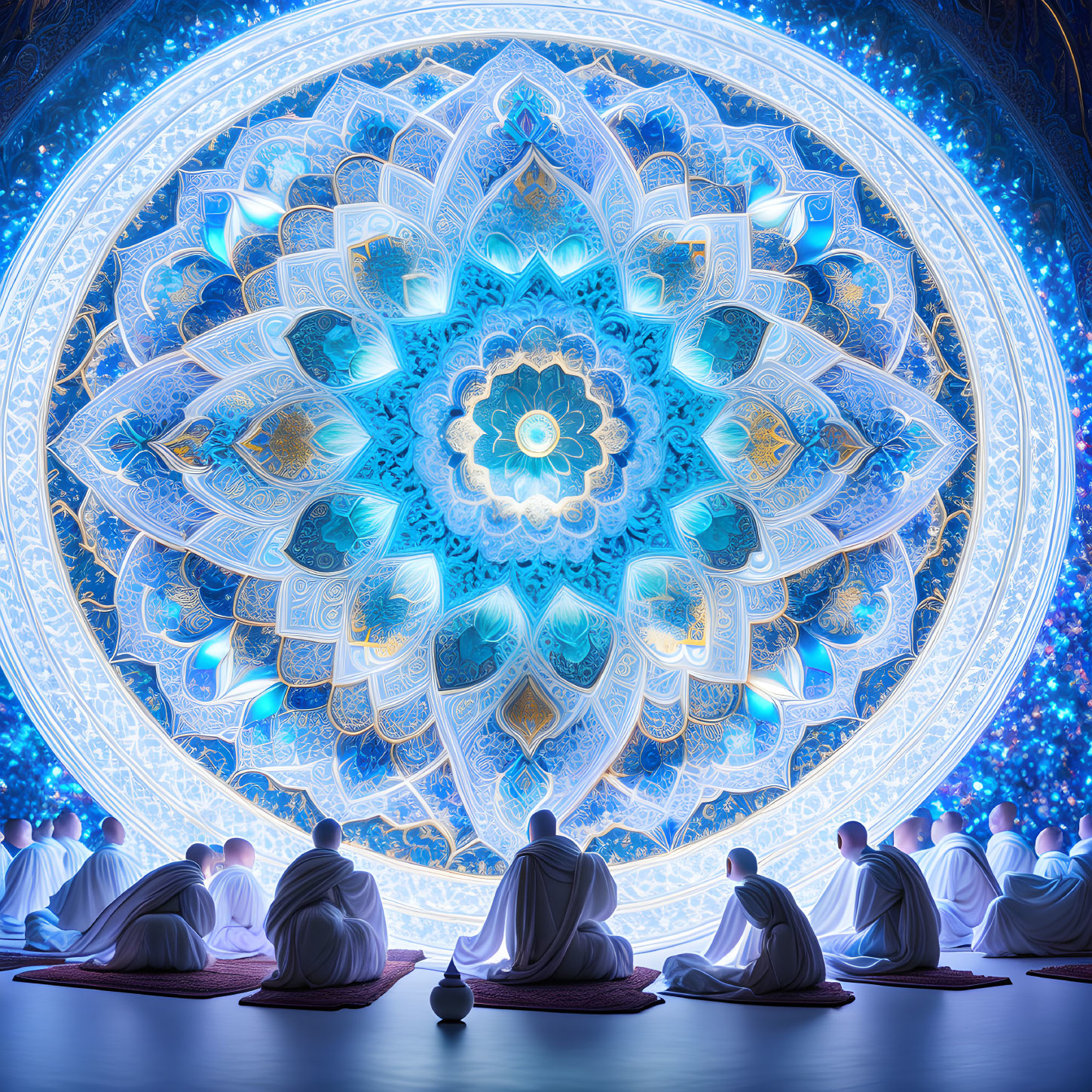 Group meditating under glowing, intricate mandala in cosmic setting