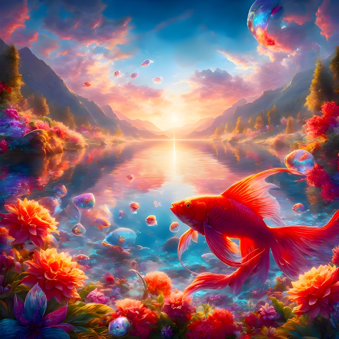 Colorful fantasy landscape with red fish, jellyfish-like creatures, flower-lined river, floating islands,