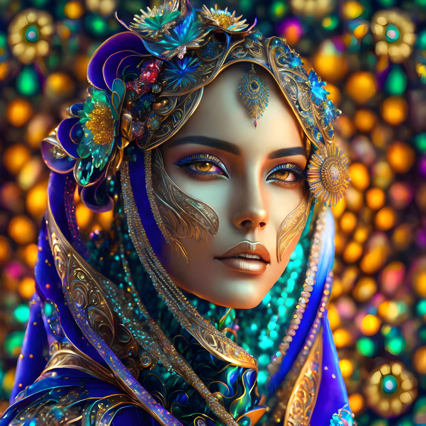 Intricate Blue and Gold Headdress on Woman Portrait