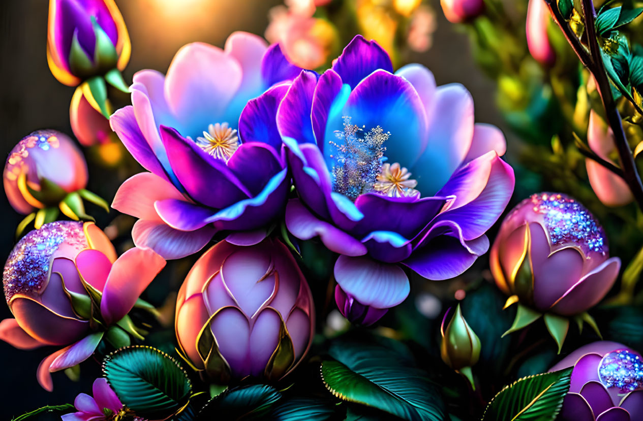 Fantasy flowers with luminescent petals in purple, blue, and pink on dark backdrop