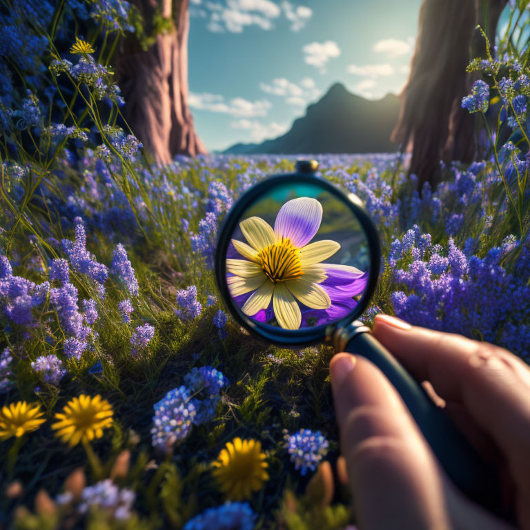 Hand holding magnifying glass on white and purple flower in lavender field with mountains.