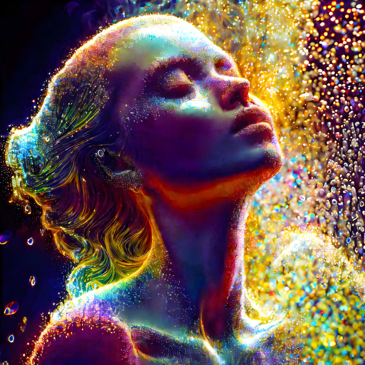 Vibrant neon colors and glitter in cosmic portrait