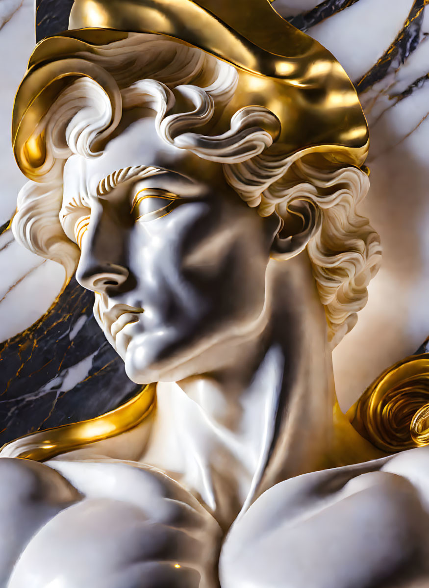 Classical Figure Sculpture with Golden Helmet and Wavy Hair on Marbled Background