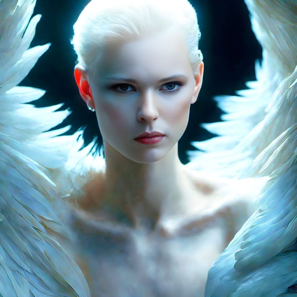 Pale-skinned figure with white hair and luminous wings in intense gaze.