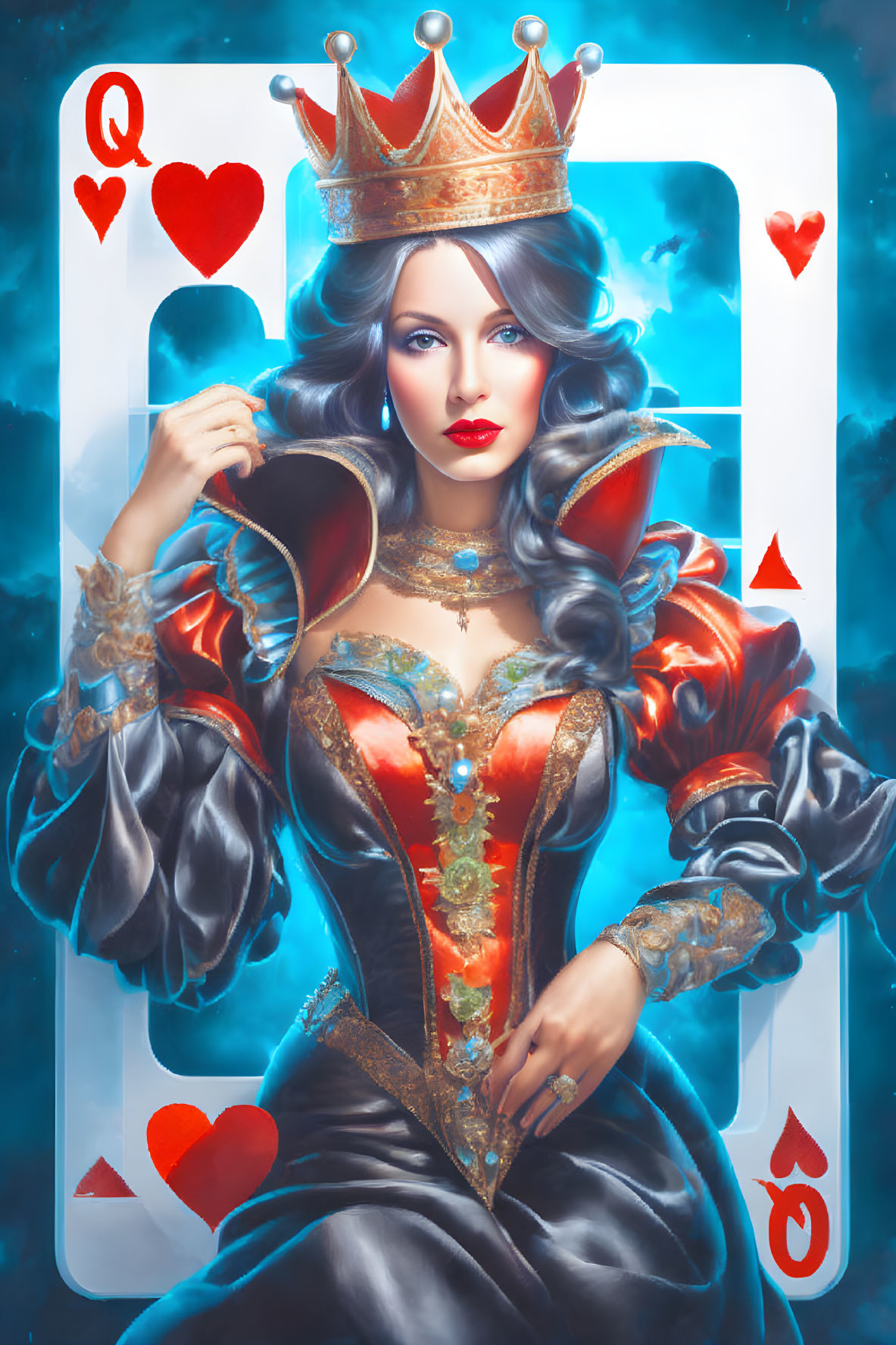 Fantasy art: Regal Queen of Hearts in red and gold costume