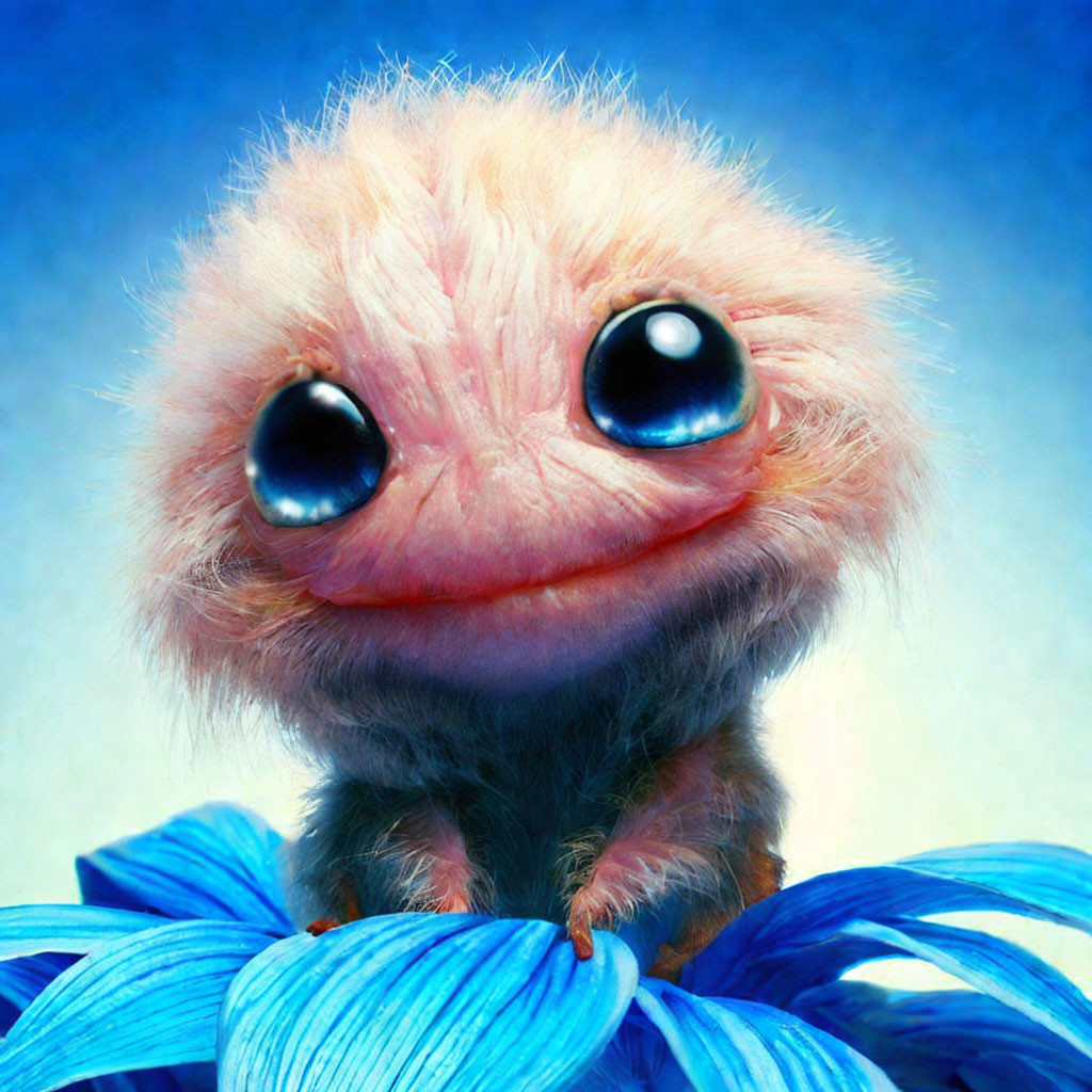 Fluffy pink fur creature with glossy eyes on blue flower