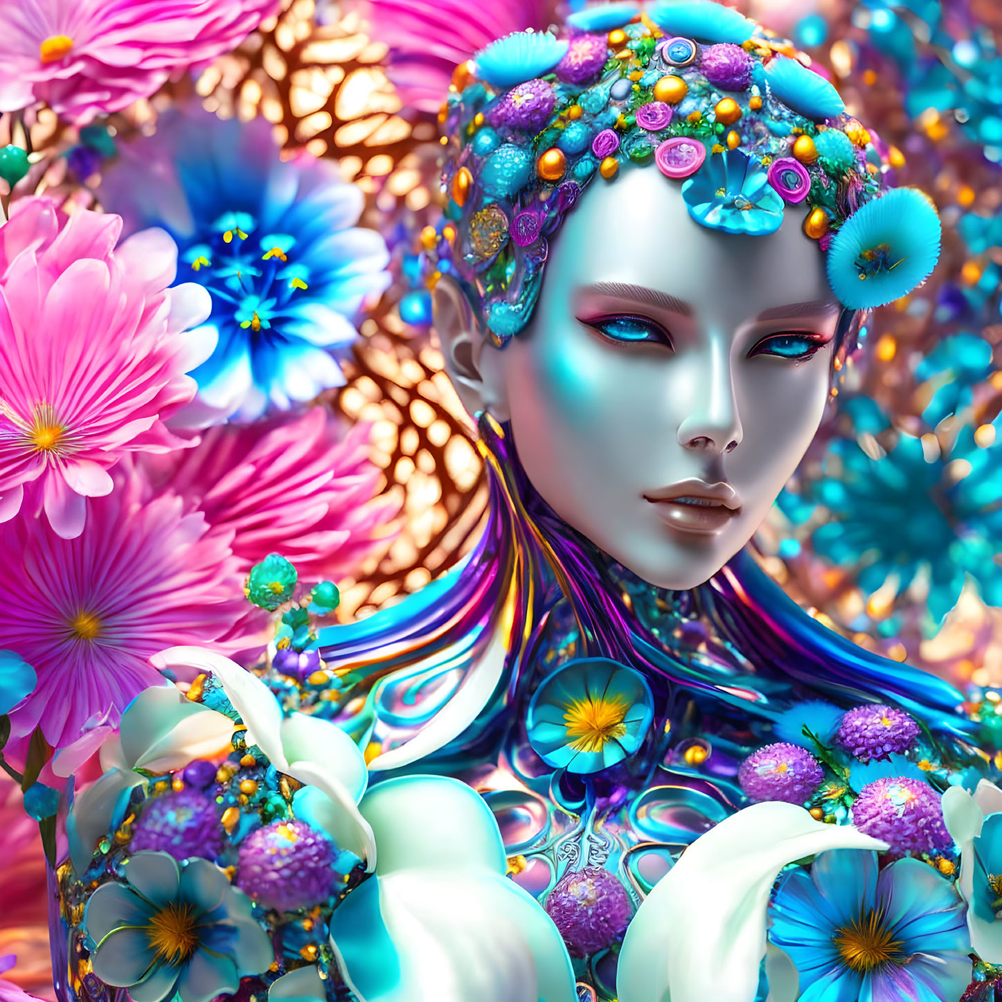 Colorful digital artwork: Female figure with floral and gemstone elements