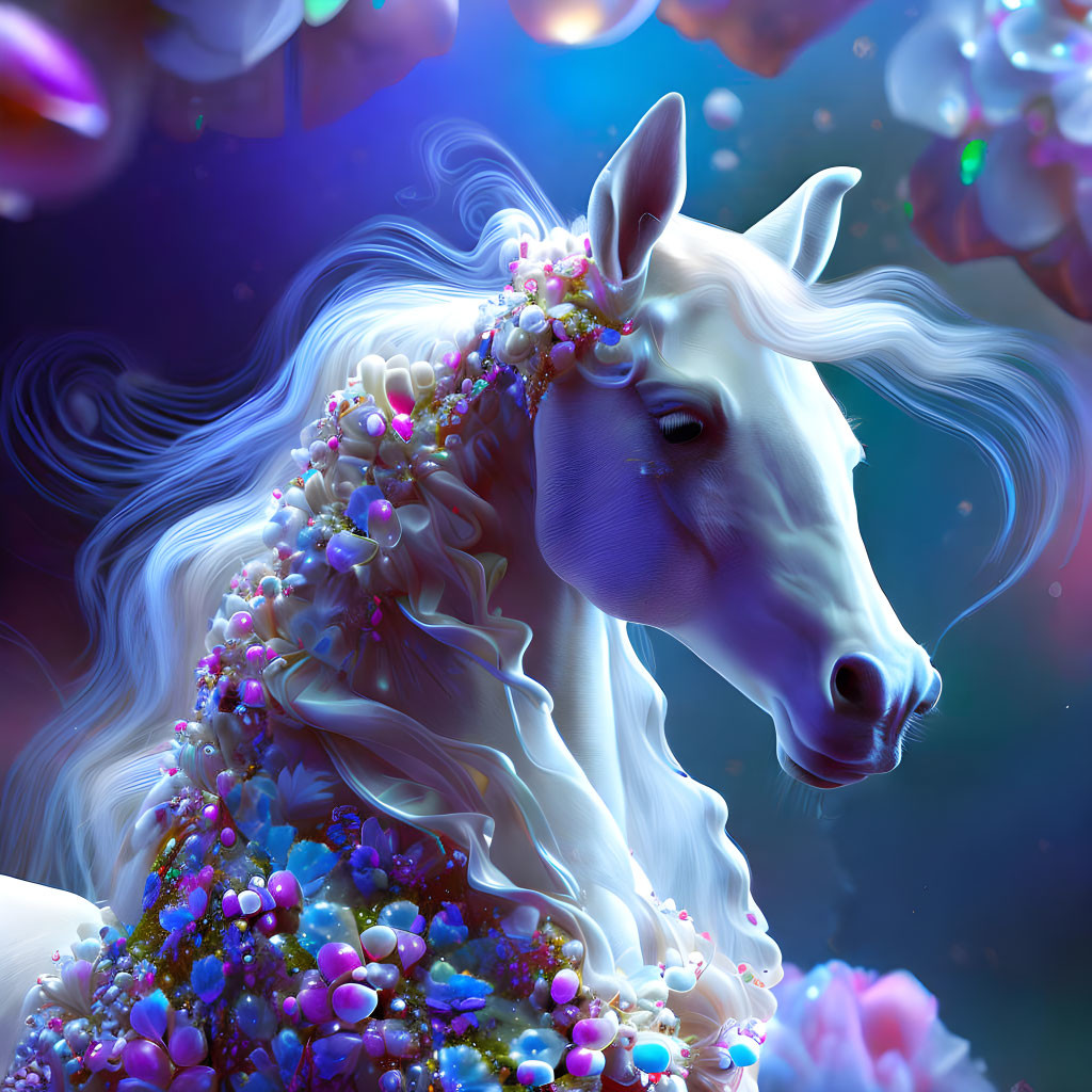 Majestic unicorn with floral mane and luminous horn on blue background