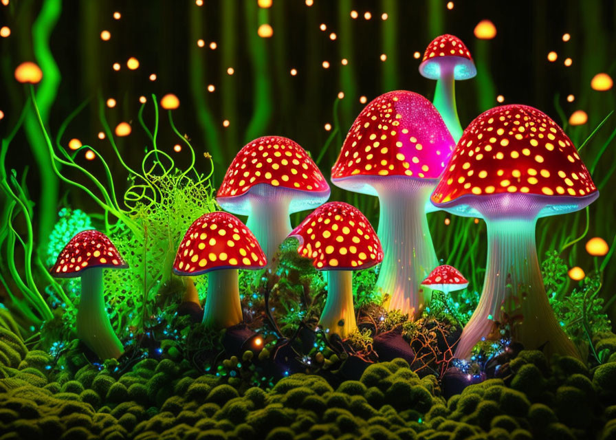 Glowing red mushrooms with yellow spots in lush green forest scene