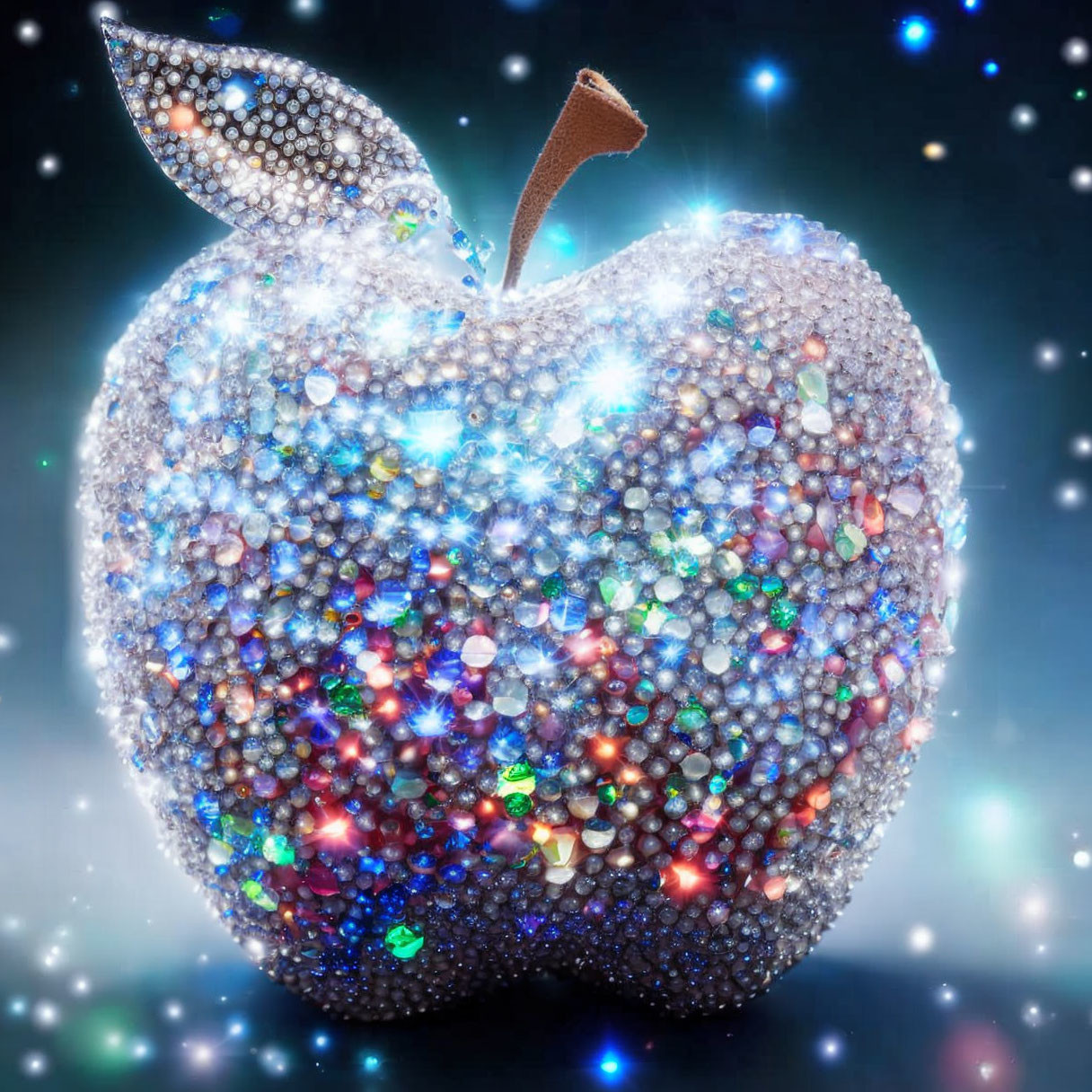 Shiny rhinestone-covered apple on dark background with twinkling lights