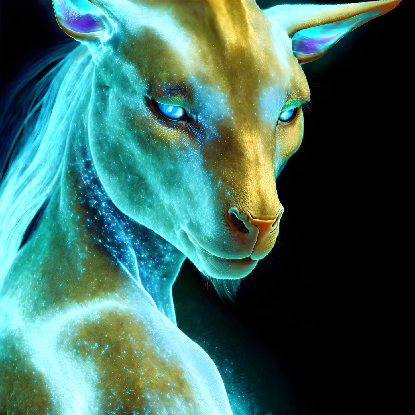 Digital artwork: Mythical lion creature with glowing blue eyes and nebula pattern on black background