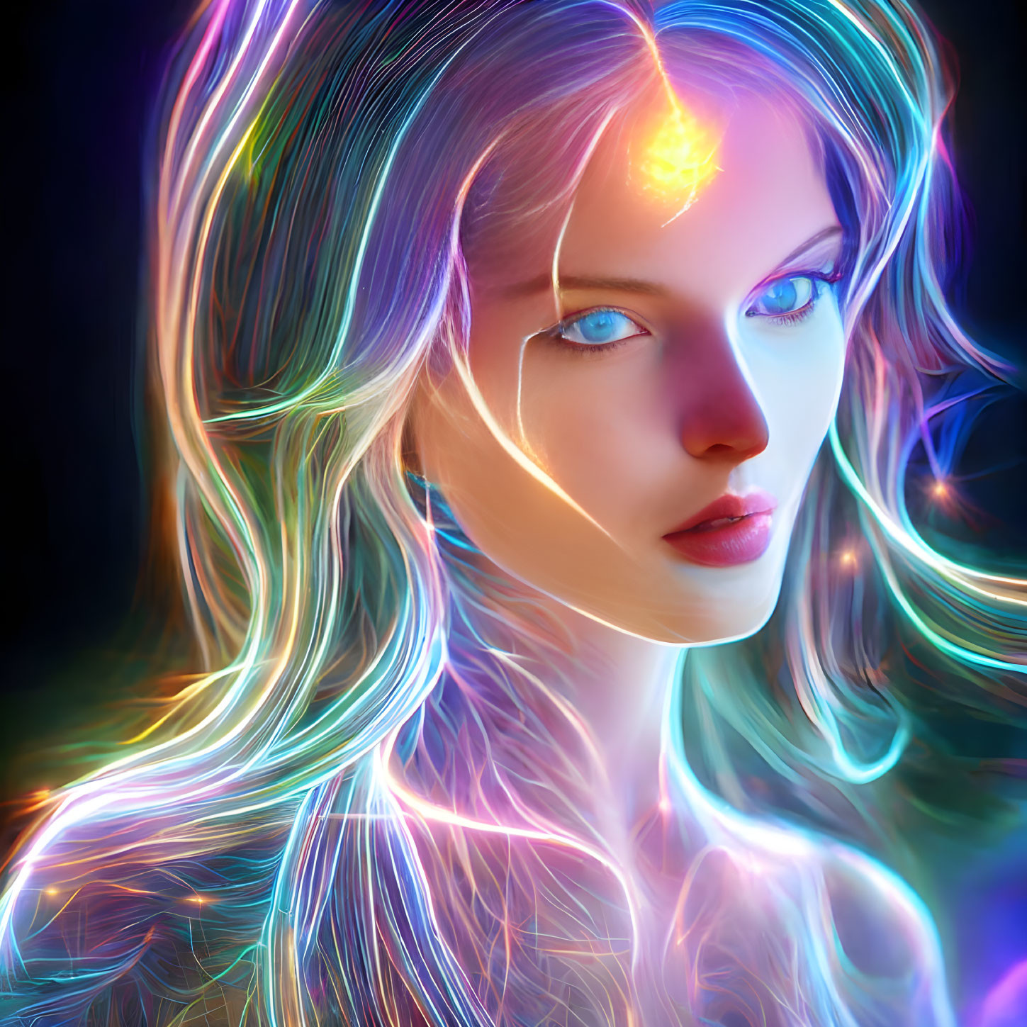 Colorful digital artwork of a woman with luminescent hair and neon glow.