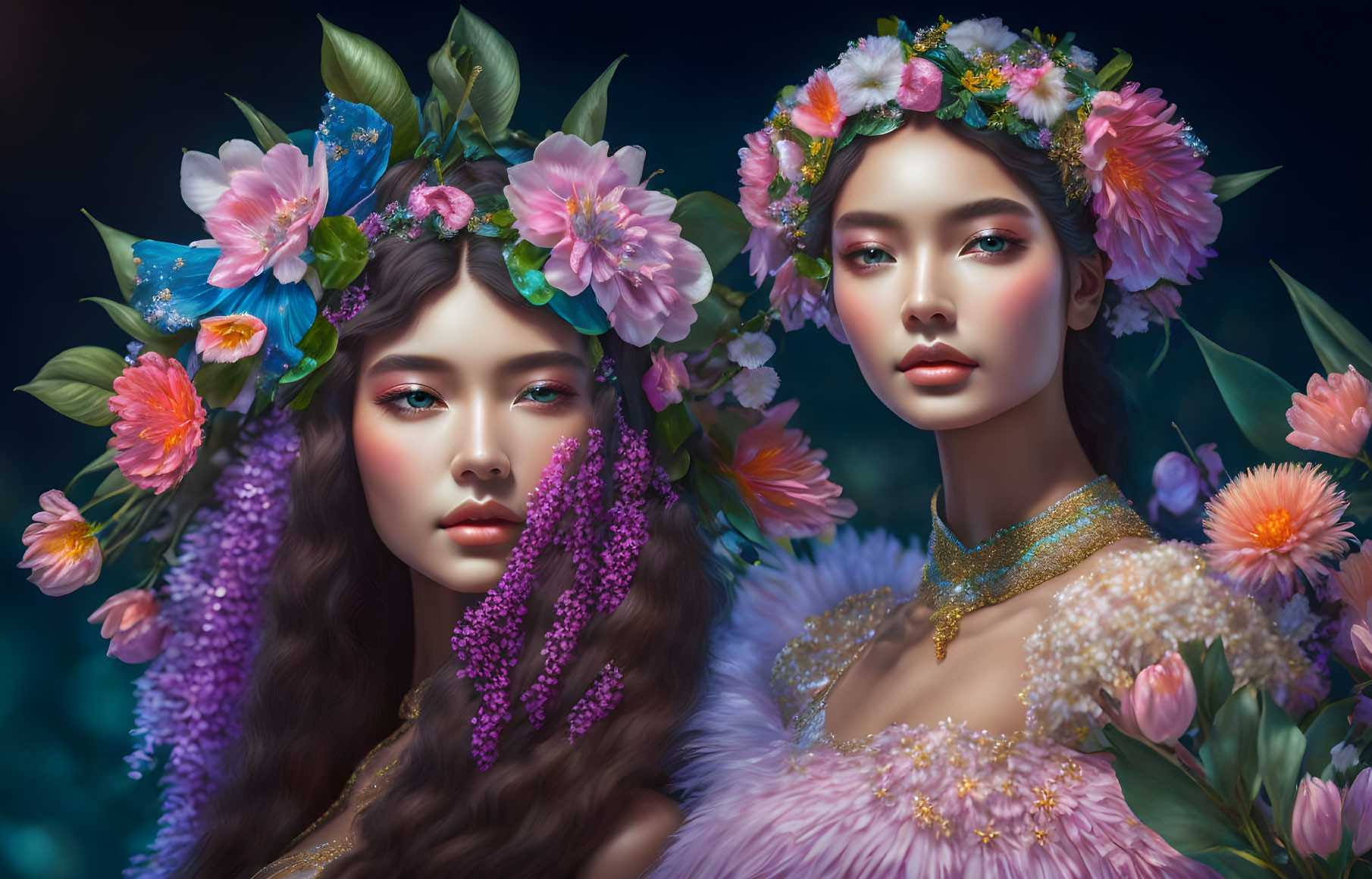 Two women in vibrant floral headdresses and petal-infused outfits against a dark blue backdrop