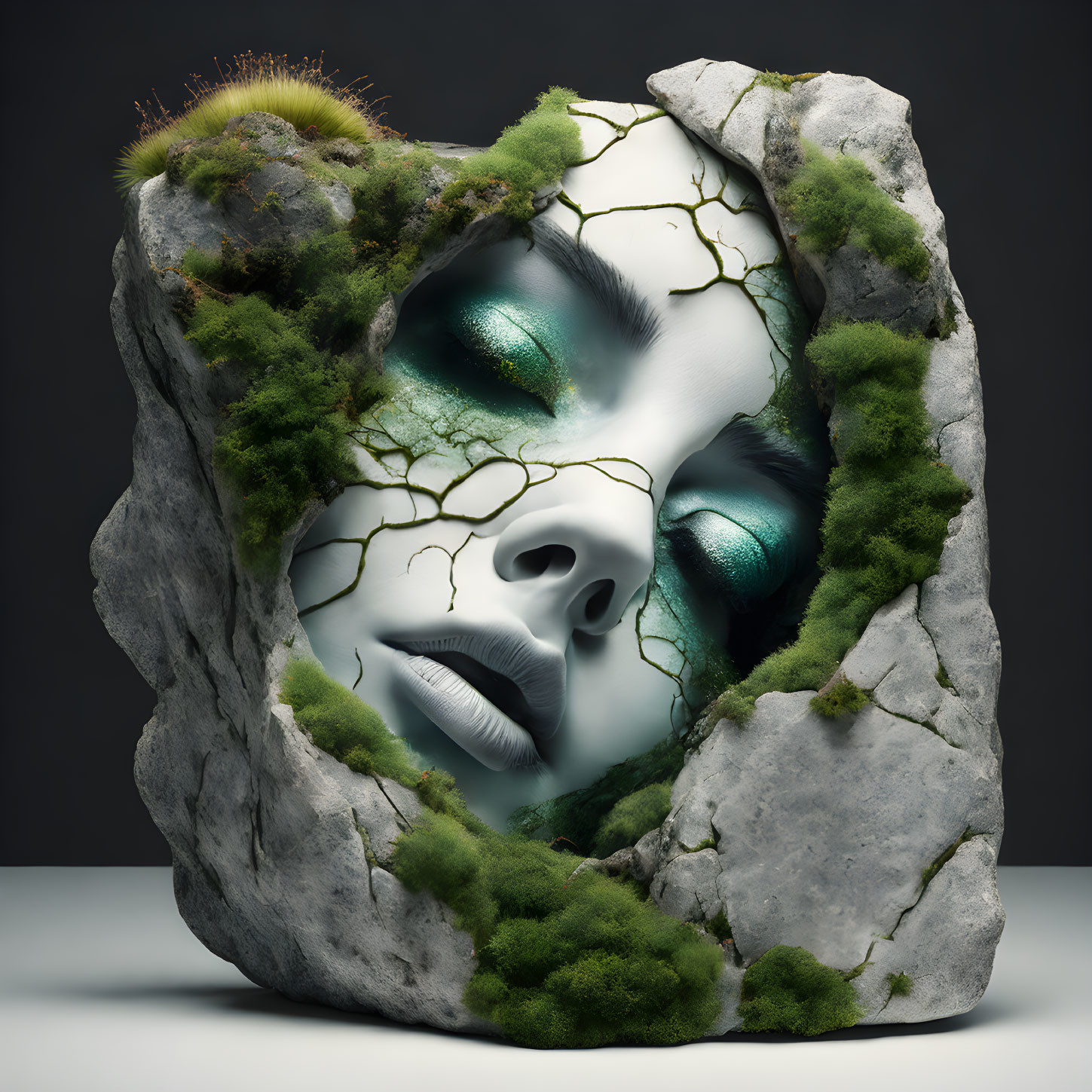 Surreal female face merging with moss-covered rock