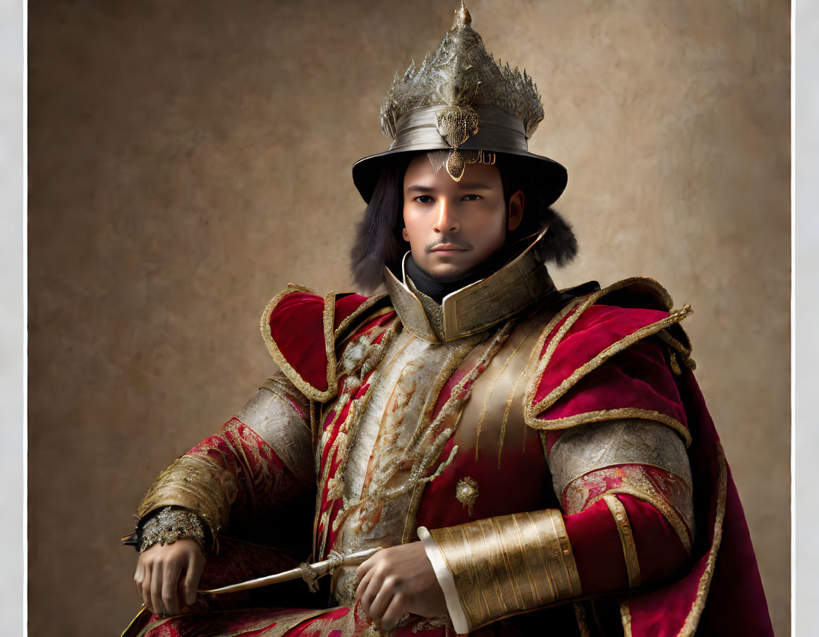 Traditional Warrior Costume Portrait Against Beige Backdrop