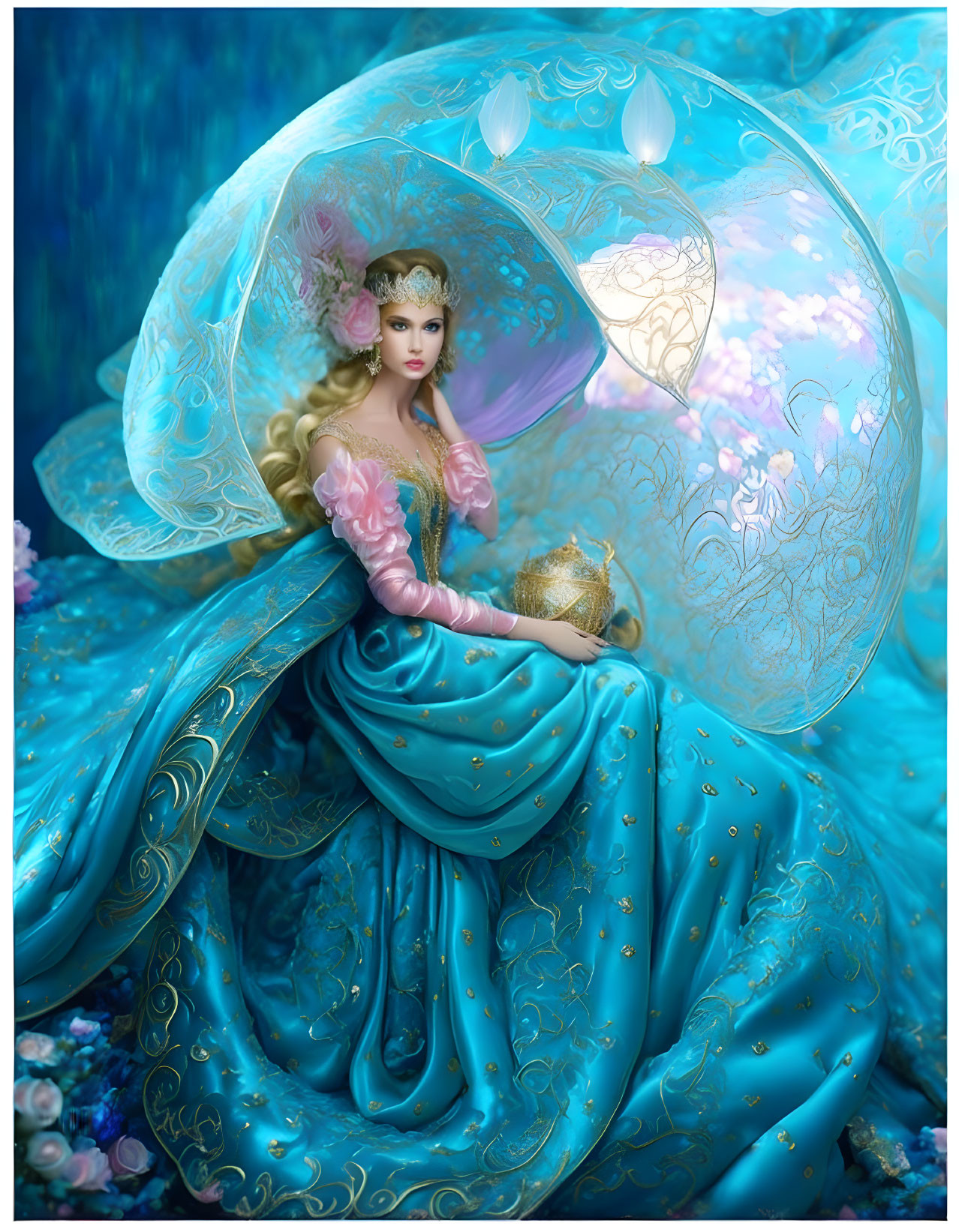 Luxurious blue gown woman under oversized shell with pearls and golden teapot