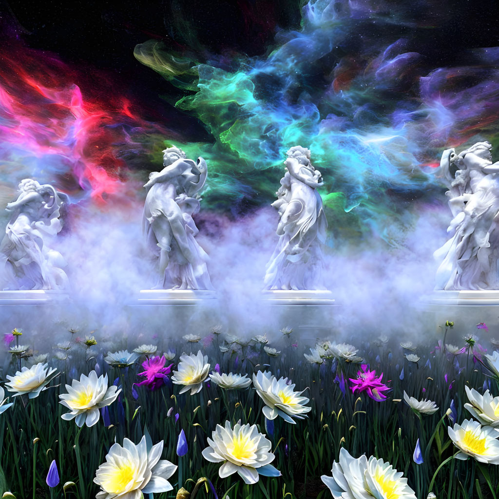 Classical statues in mystical flower field with cosmic nebula