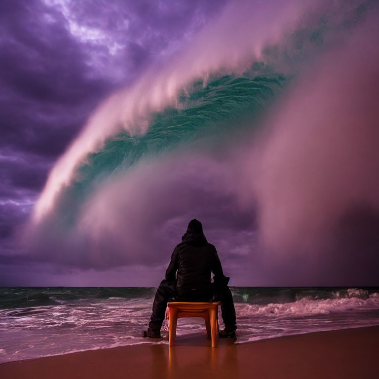 Lonely figure facing stormy sea under massive wave-shaped cloud at dusk