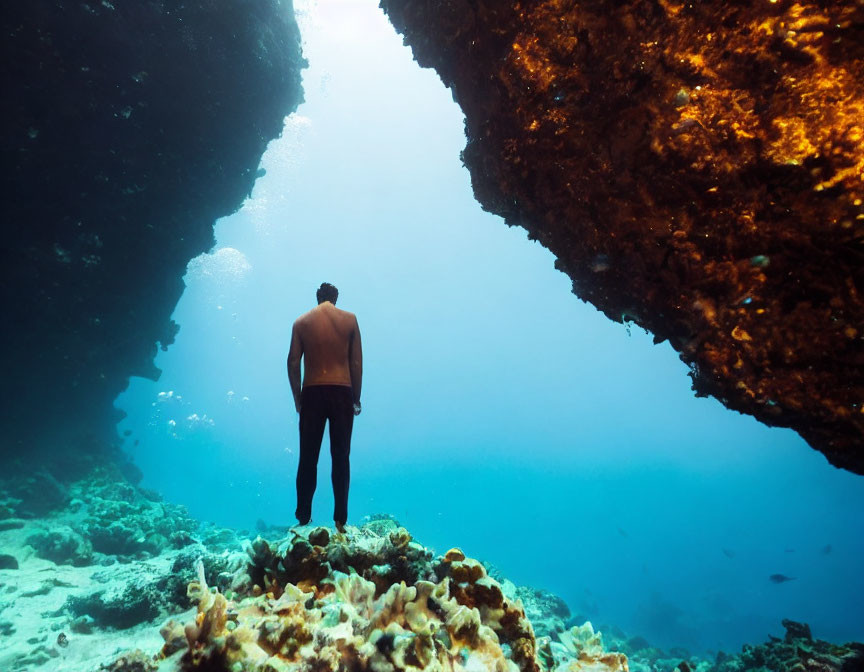 Diver on coral reef with underwater rock formation and sea view