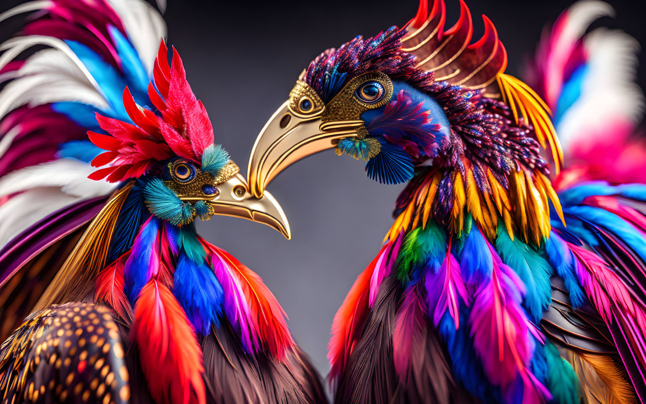 Colorful Stylized Birds with Elaborate Plumage in Dynamic Display