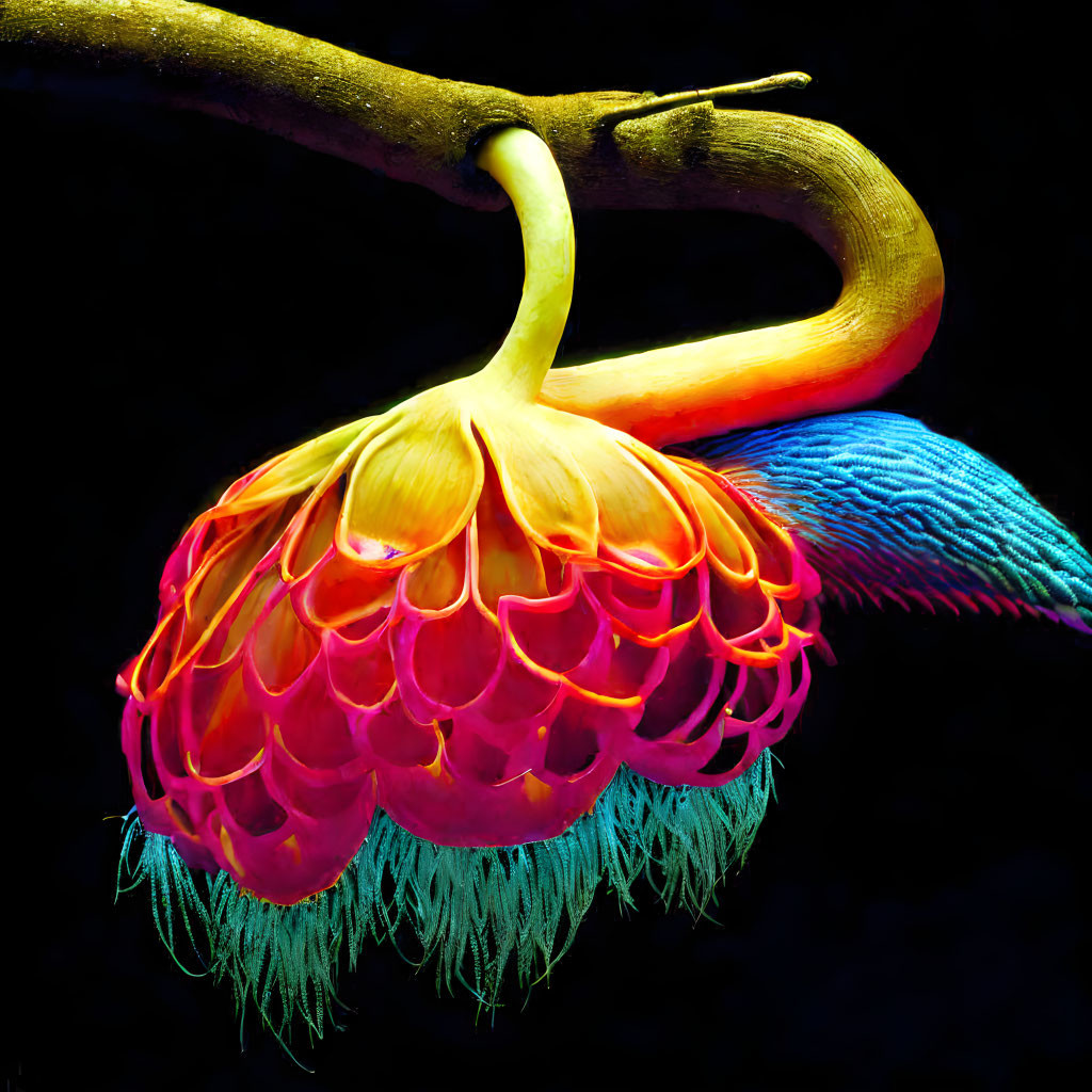 Colorful Bird of Paradise Flower on Dark Background: Orange, Red, Blue Hues