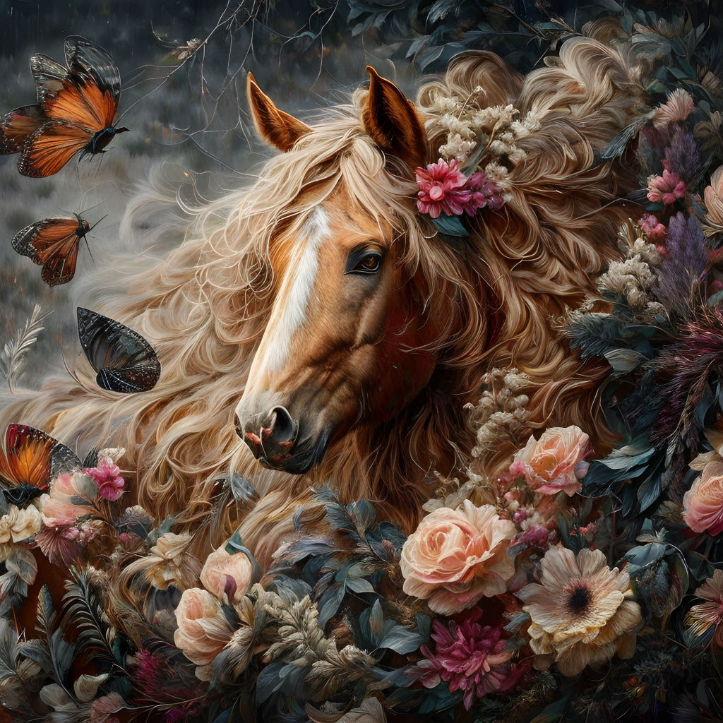 Palomino Horse with Flowers, Butterflies, and Flora in Mystical Scene