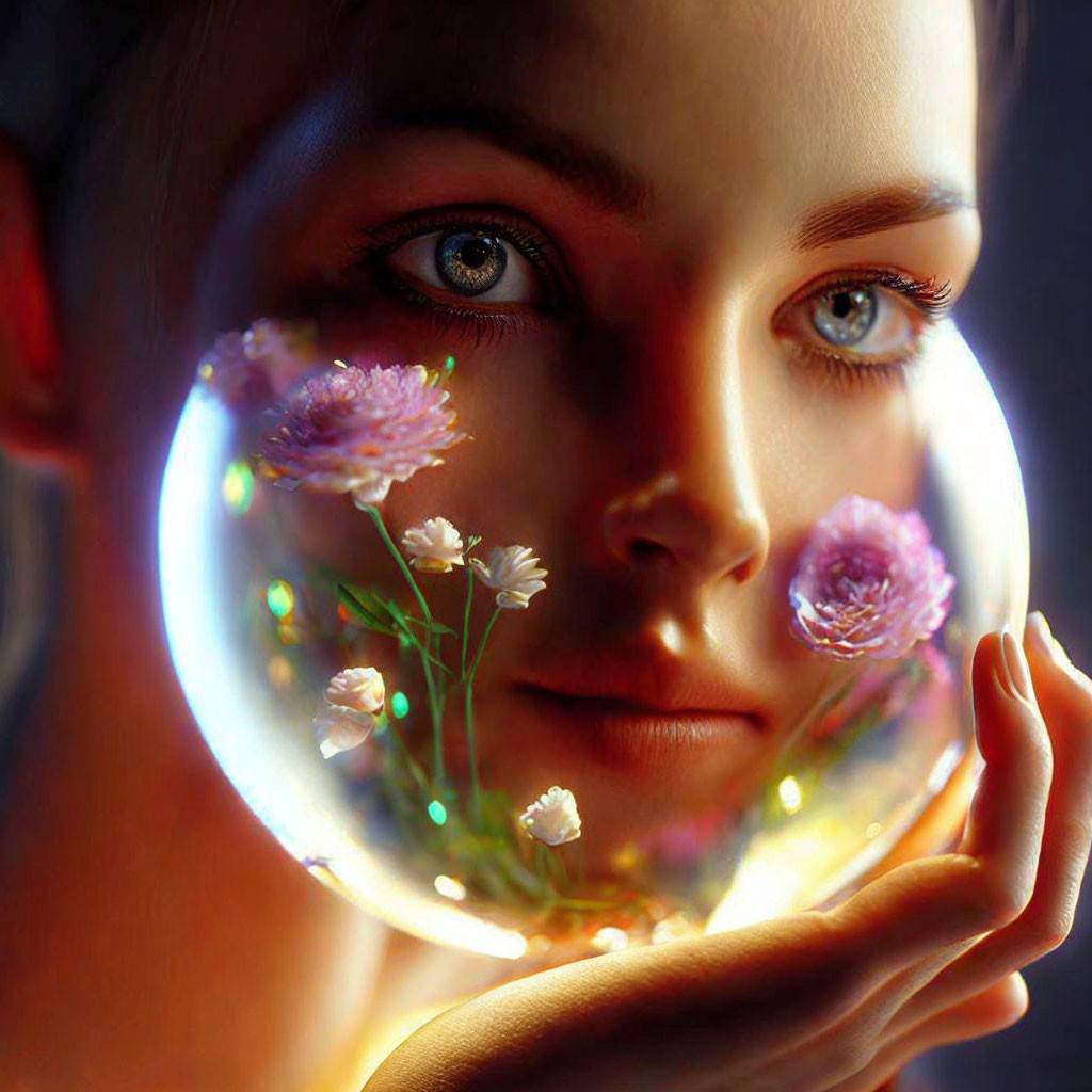 Transparent sphere with flowers reflecting soft glow on person's face