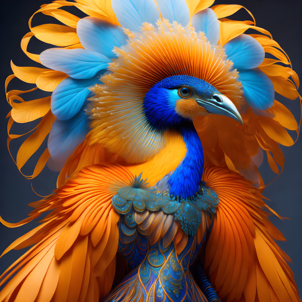 Colorful Digital Artwork: Vibrant Bird with Blue and Orange Plumage