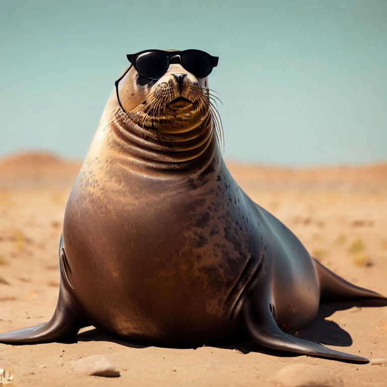 Brown-furred seal in sunglasses on sandy beach under clear blue sky